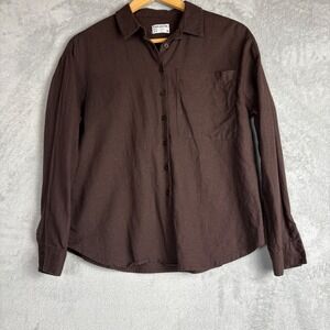 Frank And Oak Womens Linen Blend Button Down Shirt Brown Long Sleeve Size S